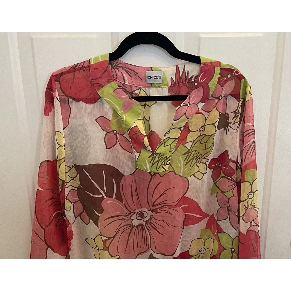 Chico's Womens 2(Large) White Pink Green Floral Sheer Top Boho Resort Colorful